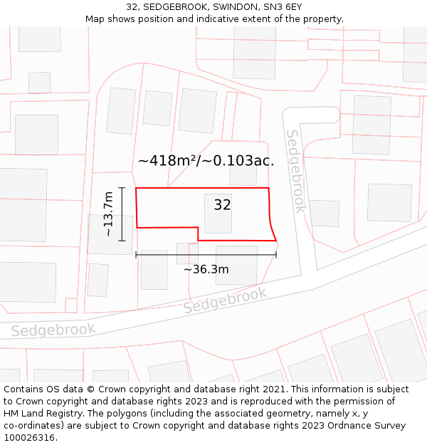 32, SEDGEBROOK, SWINDON, SN3 6EY: Plot and title map