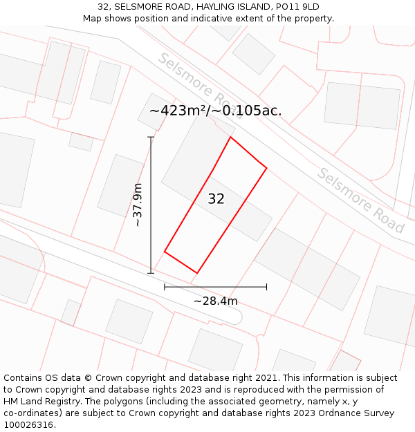 32, SELSMORE ROAD, HAYLING ISLAND, PO11 9LD: Plot and title map