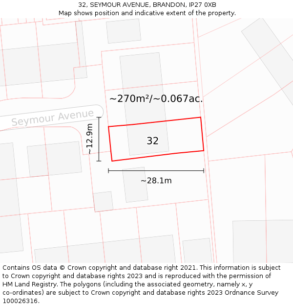 32, SEYMOUR AVENUE, BRANDON, IP27 0XB: Plot and title map