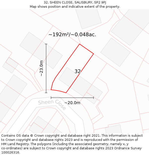 32, SHEEN CLOSE, SALISBURY, SP2 9PJ: Plot and title map