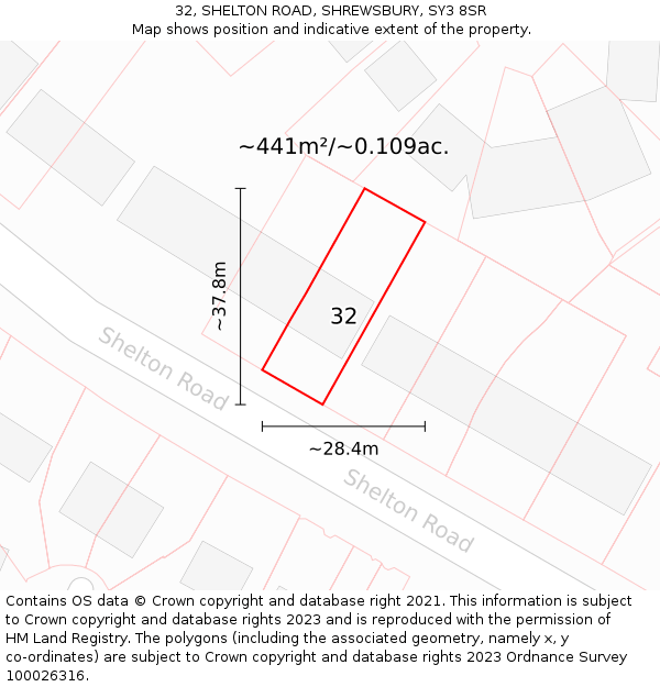 32, SHELTON ROAD, SHREWSBURY, SY3 8SR: Plot and title map