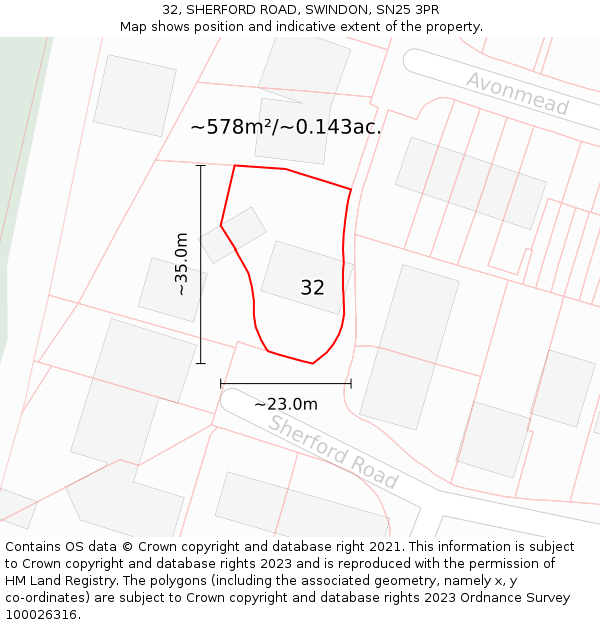 32, SHERFORD ROAD, SWINDON, SN25 3PR: Plot and title map