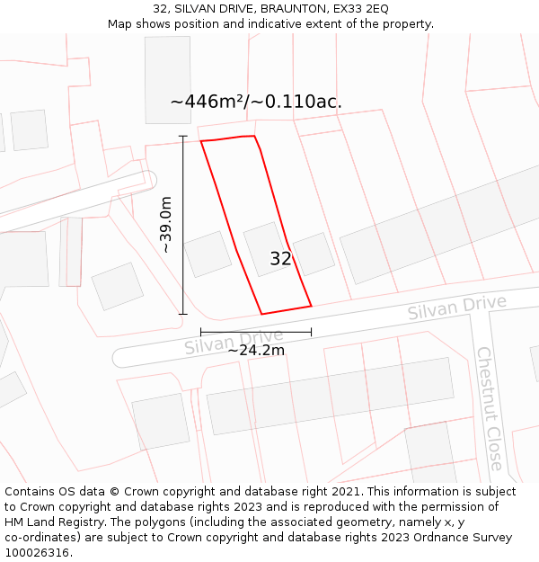 32, SILVAN DRIVE, BRAUNTON, EX33 2EQ: Plot and title map