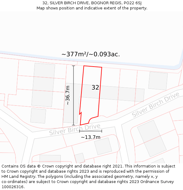 32, SILVER BIRCH DRIVE, BOGNOR REGIS, PO22 6SJ: Plot and title map