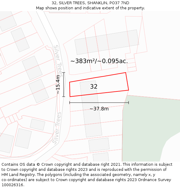 32, SILVER TREES, SHANKLIN, PO37 7ND: Plot and title map