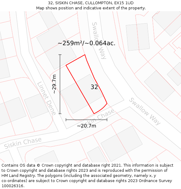 32, SISKIN CHASE, CULLOMPTON, EX15 1UD: Plot and title map