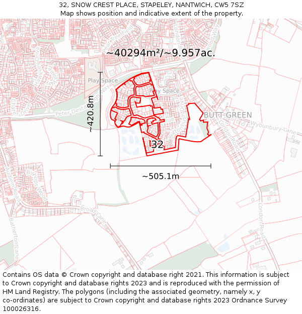 32, SNOW CREST PLACE, STAPELEY, NANTWICH, CW5 7SZ: Plot and title map