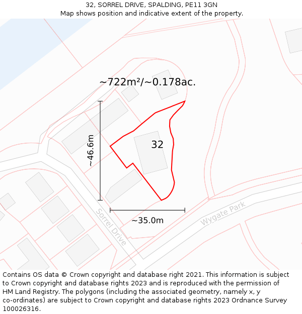 32, SORREL DRIVE, SPALDING, PE11 3GN: Plot and title map