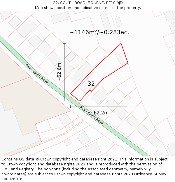 32, SOUTH ROAD, BOURNE, PE10 9JD: Plot and title map