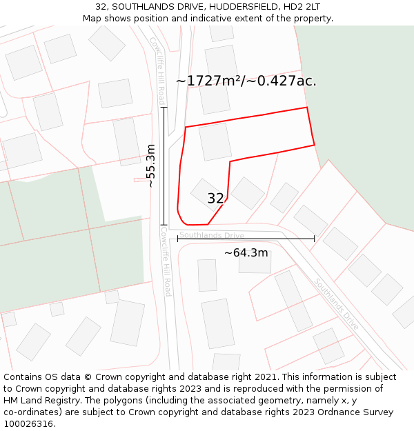 32, SOUTHLANDS DRIVE, HUDDERSFIELD, HD2 2LT: Plot and title map