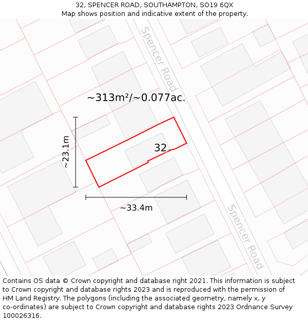 32, SPENCER ROAD, SOUTHAMPTON, SO19 6QX: Plot and title map