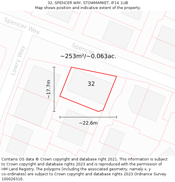 32, SPENCER WAY, STOWMARKET, IP14 1UB: Plot and title map