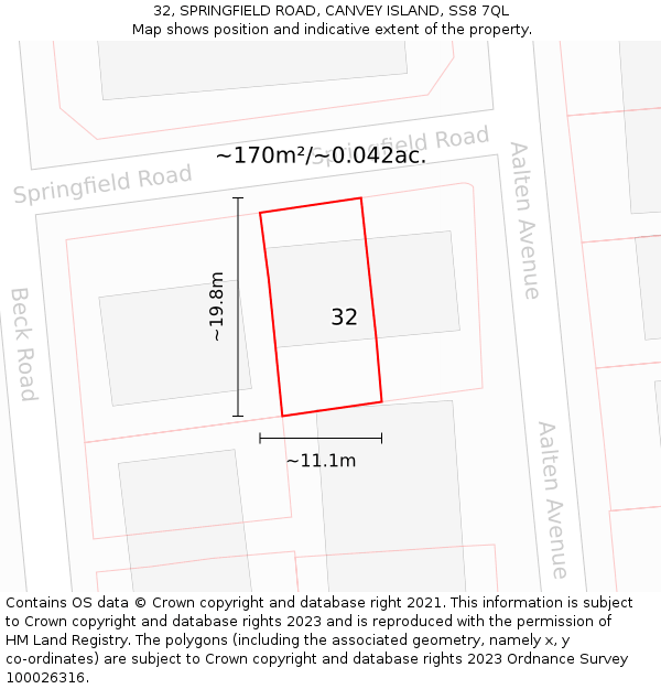 32, SPRINGFIELD ROAD, CANVEY ISLAND, SS8 7QL: Plot and title map