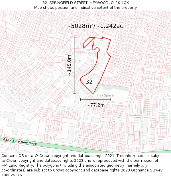 32, SPRINGFIELD STREET, HEYWOOD, OL10 4QX: Plot and title map