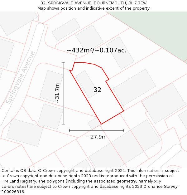 32, SPRINGVALE AVENUE, BOURNEMOUTH, BH7 7EW: Plot and title map