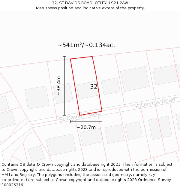 32, ST DAVIDS ROAD, OTLEY, LS21 2AW: Plot and title map