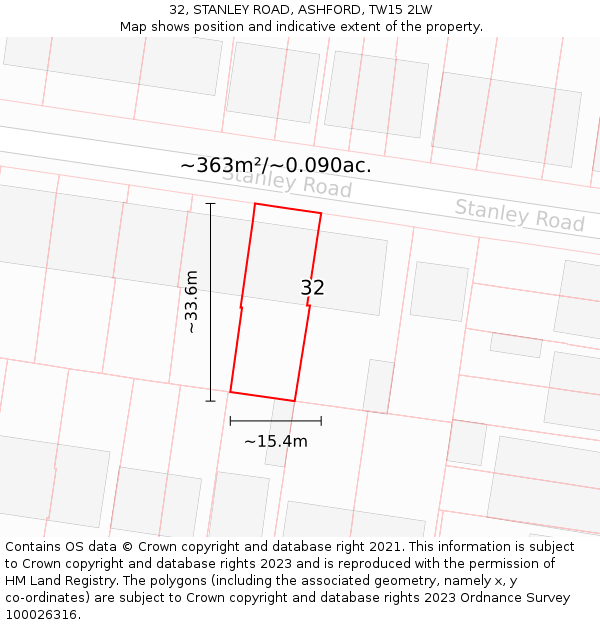 32, STANLEY ROAD, ASHFORD, TW15 2LW: Plot and title map