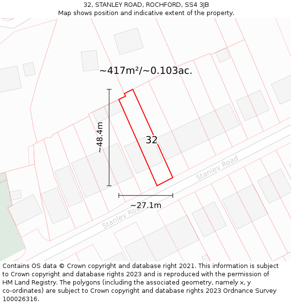 32, STANLEY ROAD, ROCHFORD, SS4 3JB: Plot and title map