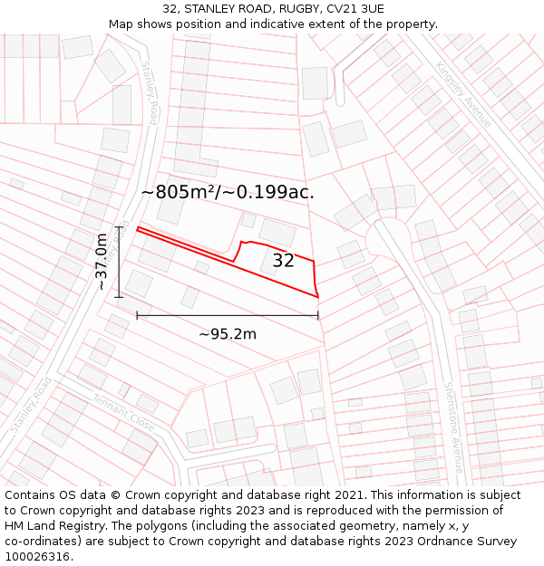 32, STANLEY ROAD, RUGBY, CV21 3UE: Plot and title map