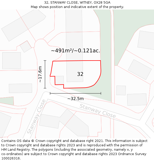 32, STANWAY CLOSE, WITNEY, OX28 5GA: Plot and title map