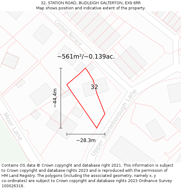 32, STATION ROAD, BUDLEIGH SALTERTON, EX9 6RR: Plot and title map