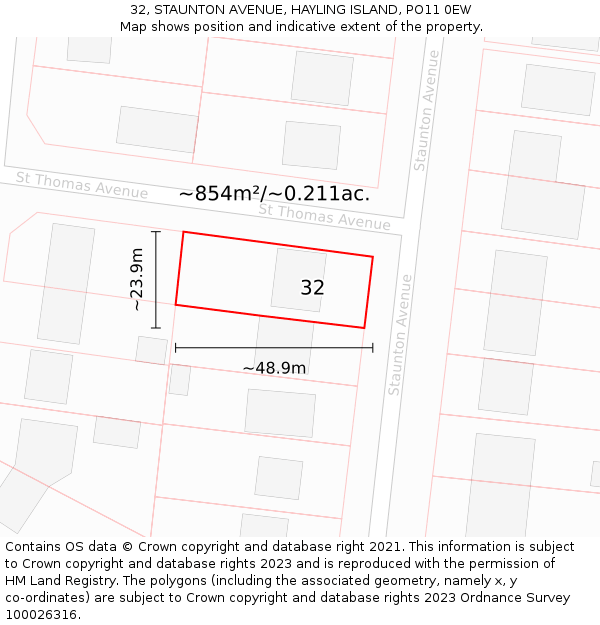 32, STAUNTON AVENUE, HAYLING ISLAND, PO11 0EW: Plot and title map