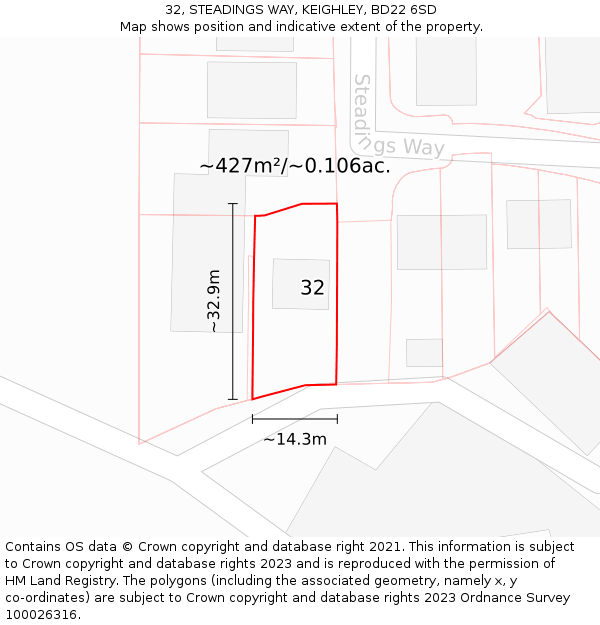 32, STEADINGS WAY, KEIGHLEY, BD22 6SD: Plot and title map