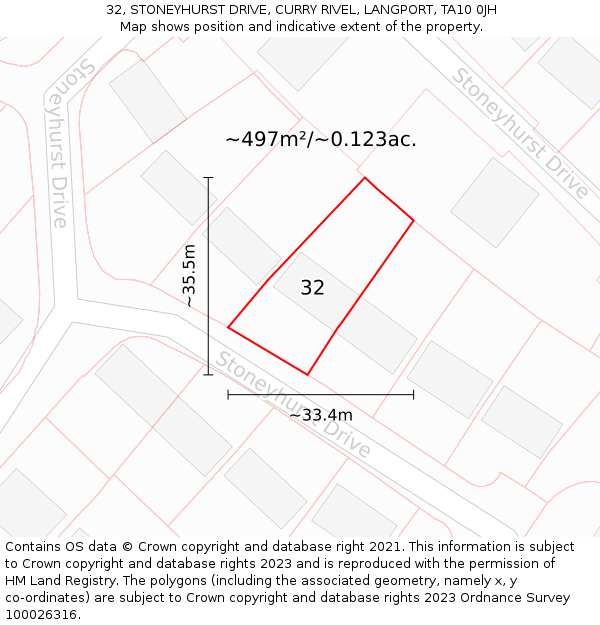 32, STONEYHURST DRIVE, CURRY RIVEL, LANGPORT, TA10 0JH: Plot and title map