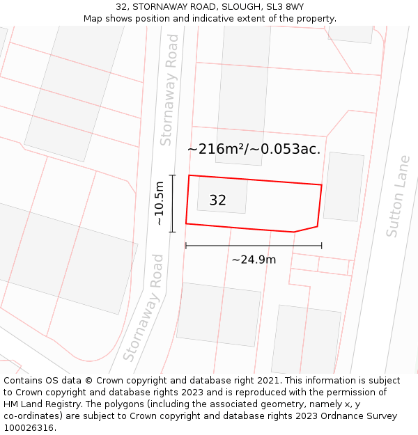 32, STORNAWAY ROAD, SLOUGH, SL3 8WY: Plot and title map