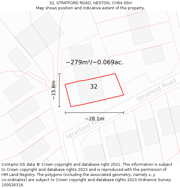 32, STRATFORD ROAD, NESTON, CH64 0SH: Plot and title map