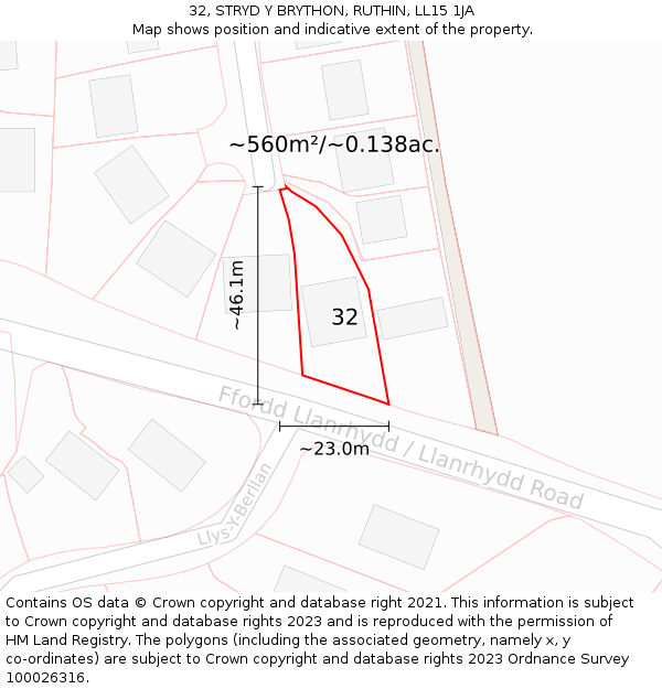 32, STRYD Y BRYTHON, RUTHIN, LL15 1JA: Plot and title map