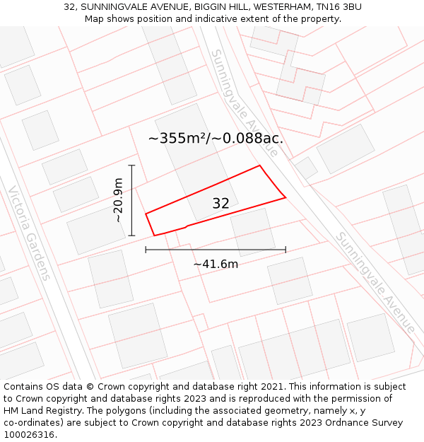 32, SUNNINGVALE AVENUE, BIGGIN HILL, WESTERHAM, TN16 3BU: Plot and title map