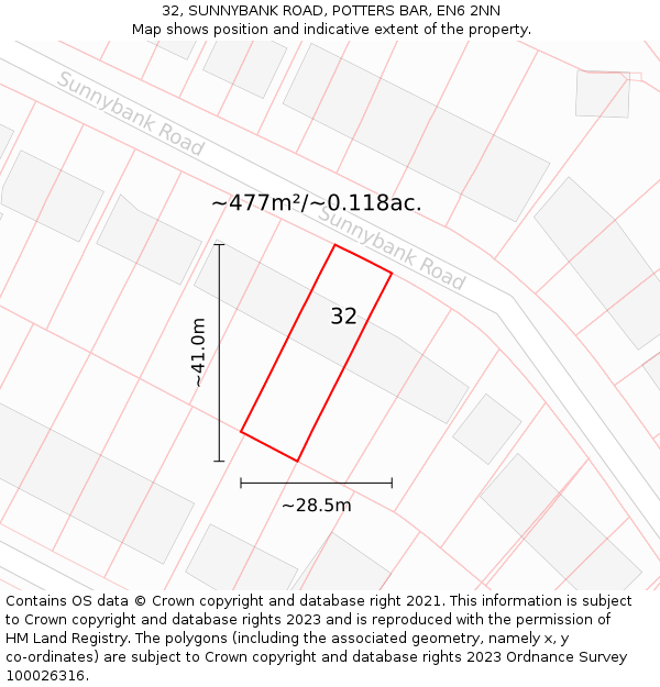 32, SUNNYBANK ROAD, POTTERS BAR, EN6 2NN: Plot and title map