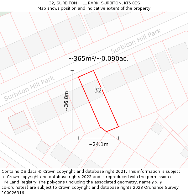 32, SURBITON HILL PARK, SURBITON, KT5 8ES: Plot and title map