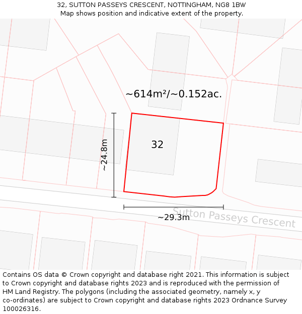 32, SUTTON PASSEYS CRESCENT, NOTTINGHAM, NG8 1BW: Plot and title map