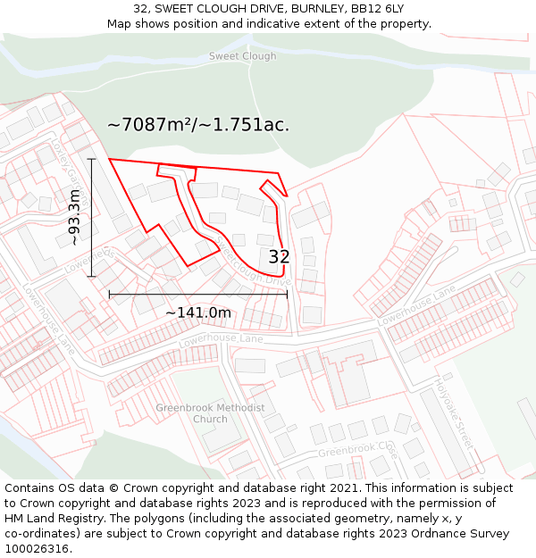 32, SWEET CLOUGH DRIVE, BURNLEY, BB12 6LY: Plot and title map