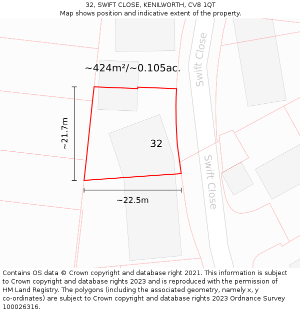 32, SWIFT CLOSE, KENILWORTH, CV8 1QT: Plot and title map