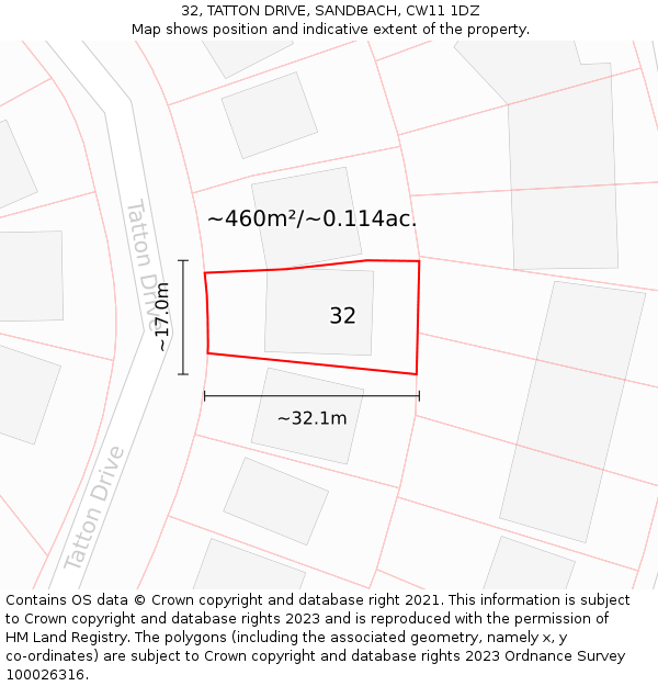 32, TATTON DRIVE, SANDBACH, CW11 1DZ: Plot and title map