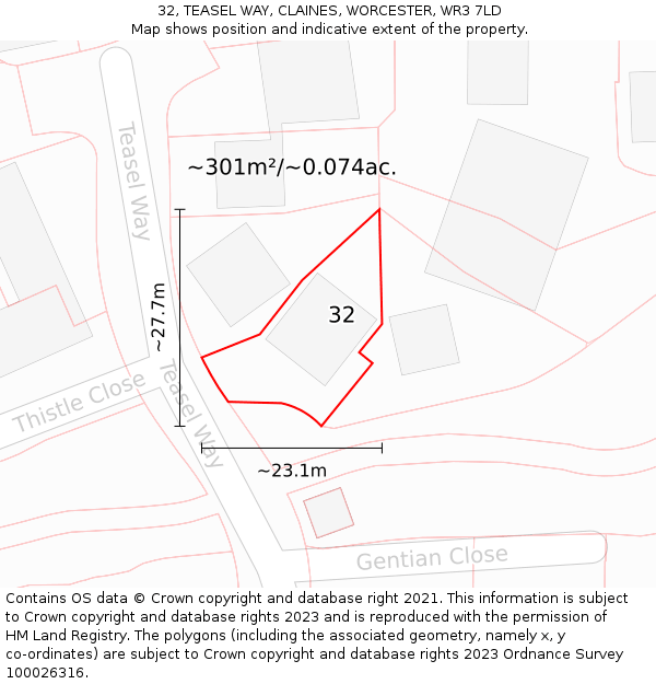 32, TEASEL WAY, CLAINES, WORCESTER, WR3 7LD: Plot and title map