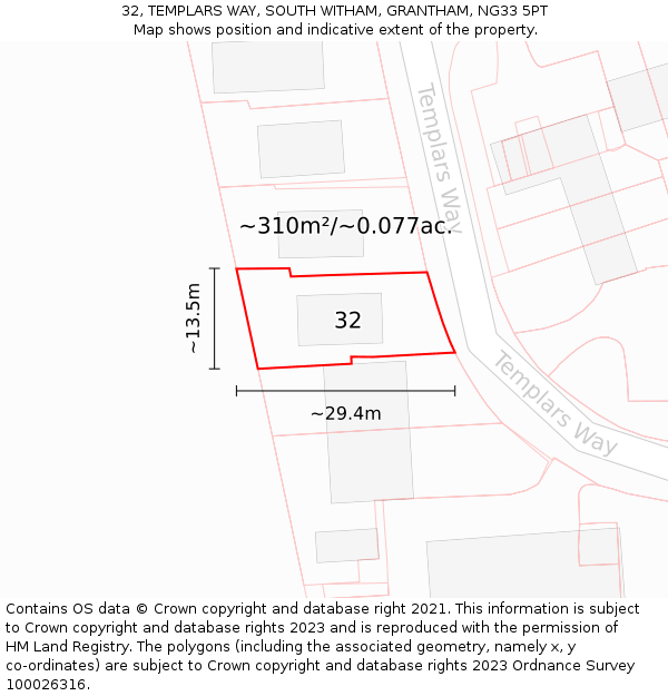 32, TEMPLARS WAY, SOUTH WITHAM, GRANTHAM, NG33 5PT: Plot and title map