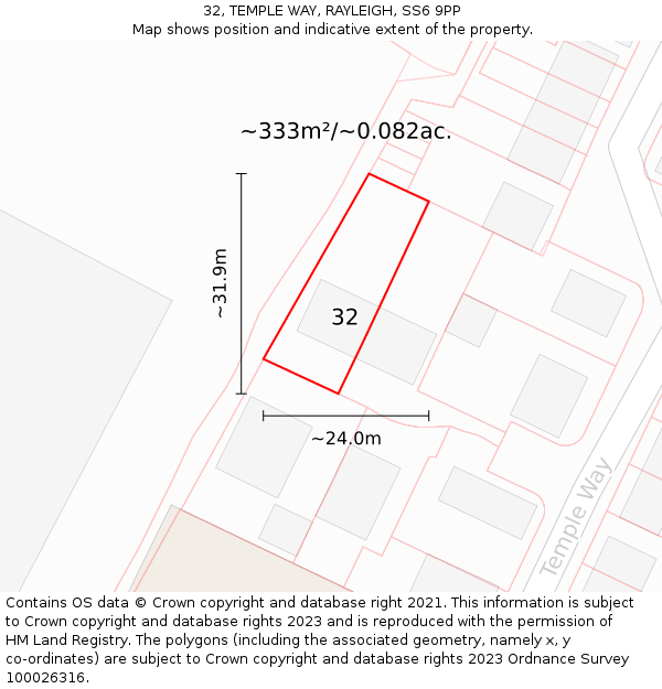 32, TEMPLE WAY, RAYLEIGH, SS6 9PP: Plot and title map