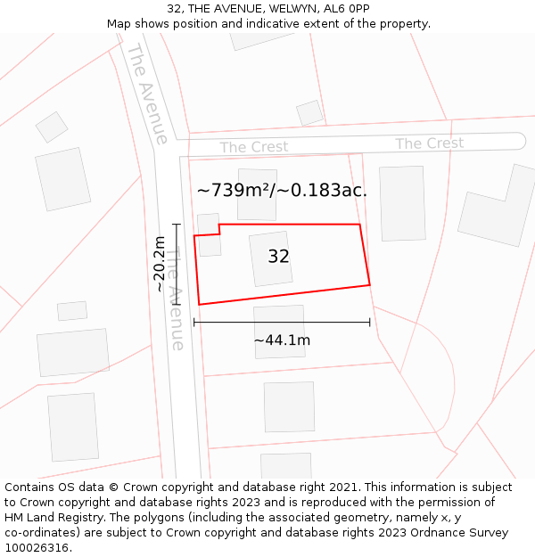 32, THE AVENUE, WELWYN, AL6 0PP: Plot and title map