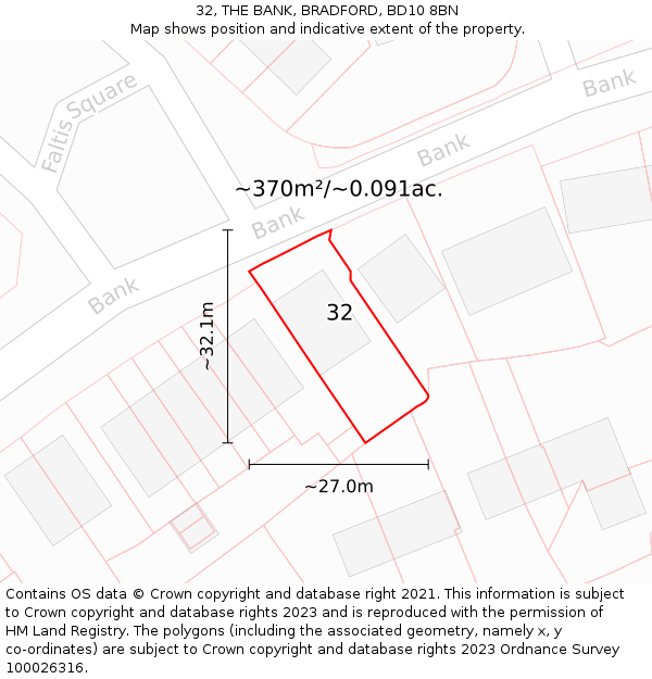 32, THE BANK, BRADFORD, BD10 8BN: Plot and title map