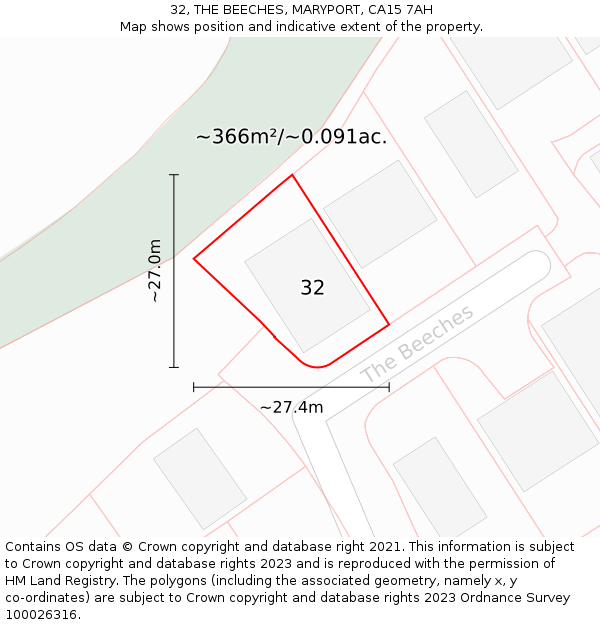 32, THE BEECHES, MARYPORT, CA15 7AH: Plot and title map