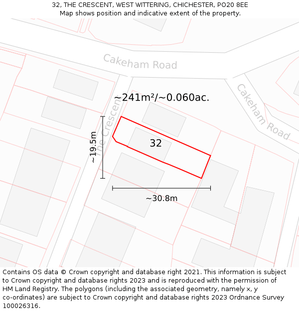 32, THE CRESCENT, WEST WITTERING, CHICHESTER, PO20 8EE: Plot and title map