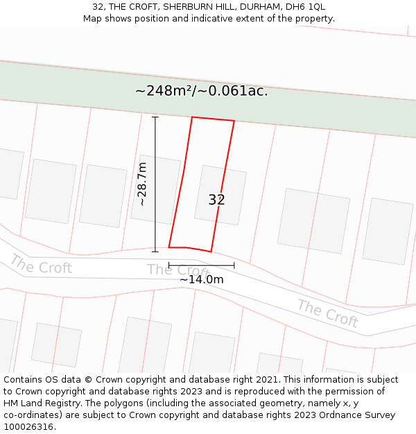 32, THE CROFT, SHERBURN HILL, DURHAM, DH6 1QL: Plot and title map
