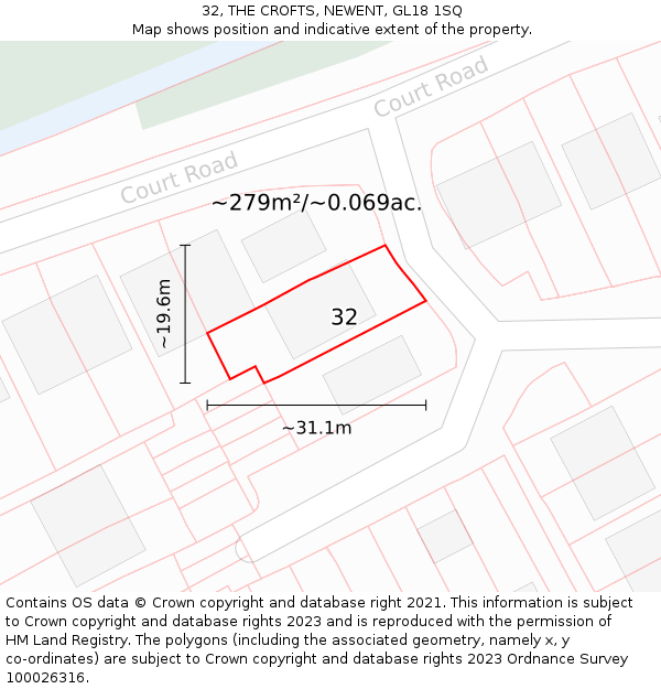 32, THE CROFTS, NEWENT, GL18 1SQ: Plot and title map