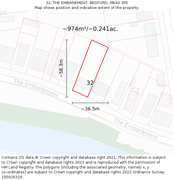 32, THE EMBANKMENT, BEDFORD, MK40 3PE: Plot and title map