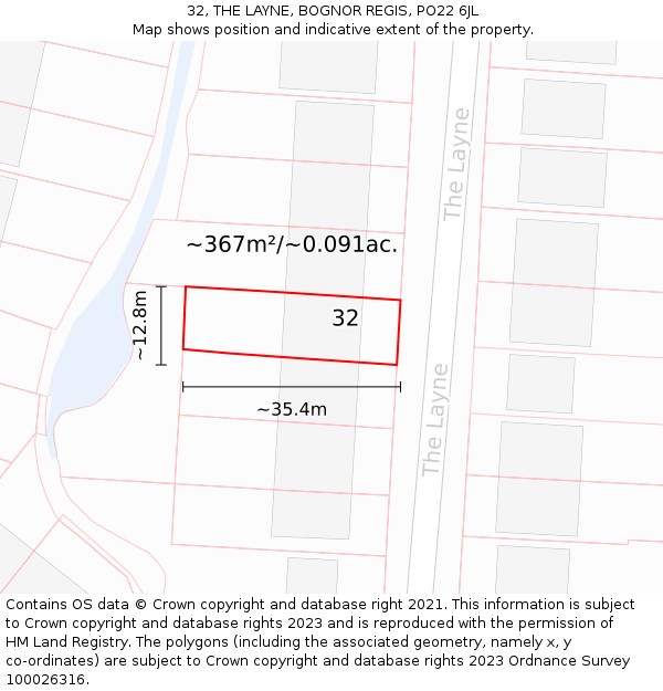 32, THE LAYNE, BOGNOR REGIS, PO22 6JL: Plot and title map