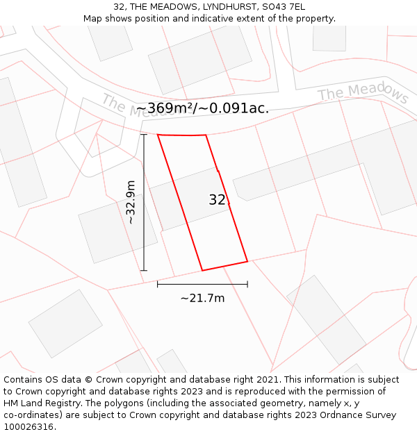 32, THE MEADOWS, LYNDHURST, SO43 7EL: Plot and title map